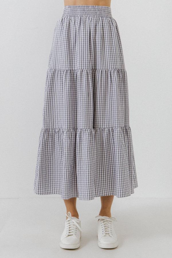 English Factory Check Tiered Maxi Skirt DUSTY BLUE