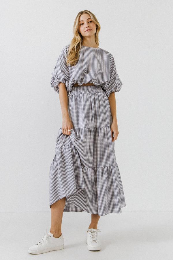 English Factory Check Tiered Maxi Skirt DUSTY BLUE