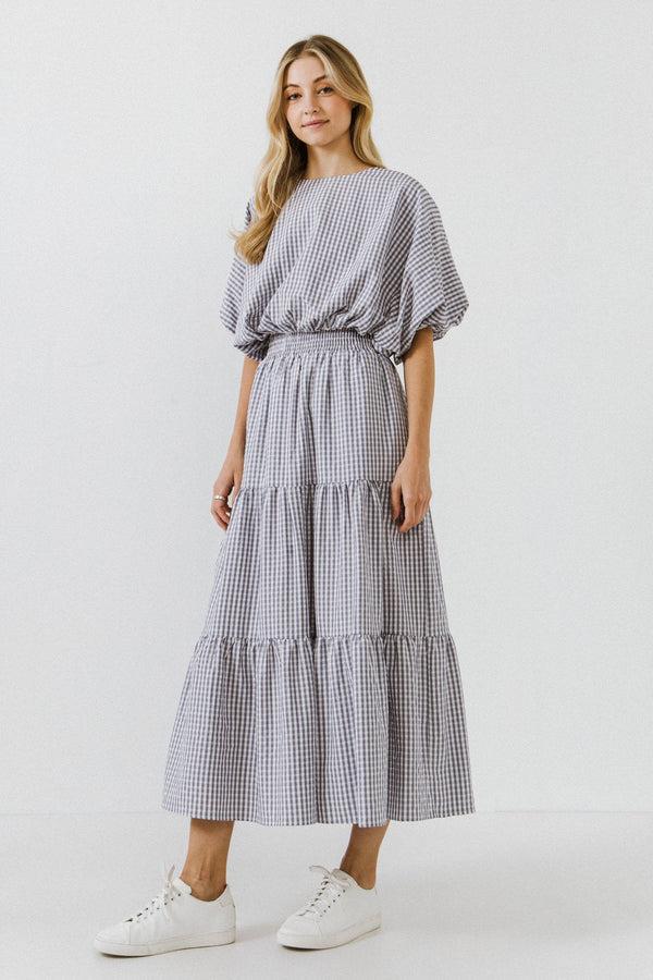 english factory Check Tiered Maxi Skirt DUSTY BLUE
