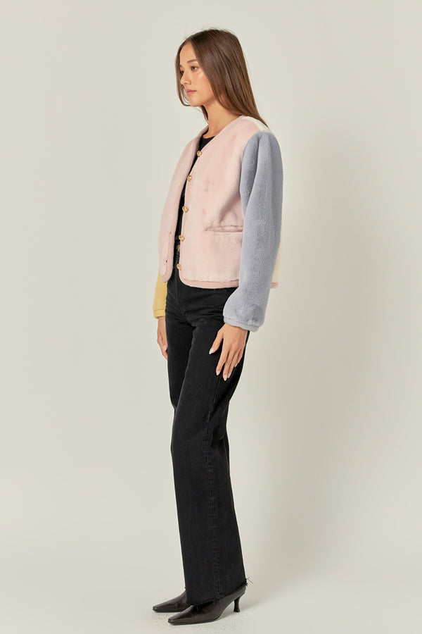 English Factory Colorblock Faux Fur Jacket MULTI