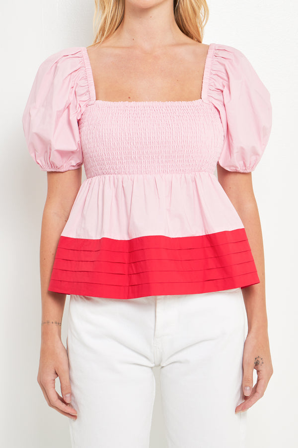 English Factory Colorblock Smocked Top PINK/RED