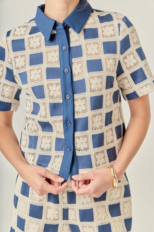English Factory Crochet Patchwork Shirt NAVY MULTI