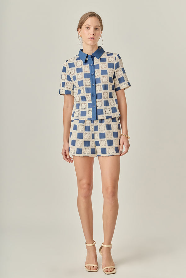 english factory Crochet Patchwork Shirt NAVY MULTI