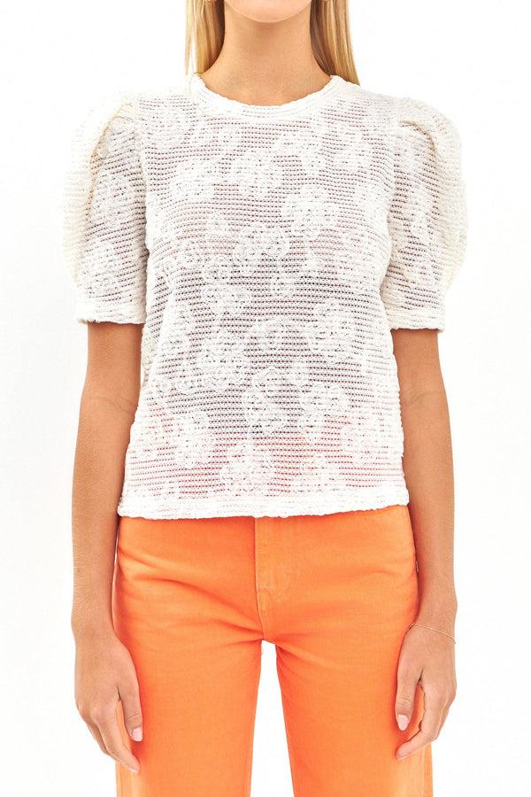 English Factory Crochet Puff Sleeve Top WHITE