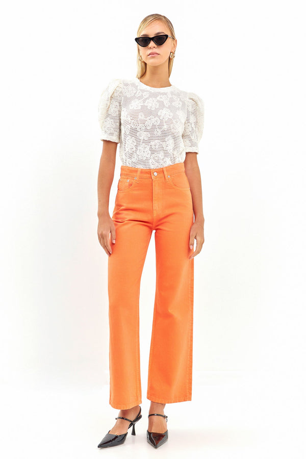 english factory Crochet Puff Sleeve Top WHITE