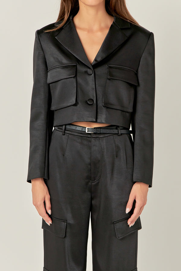 English Factory Cropped Satin Blazer BLACK