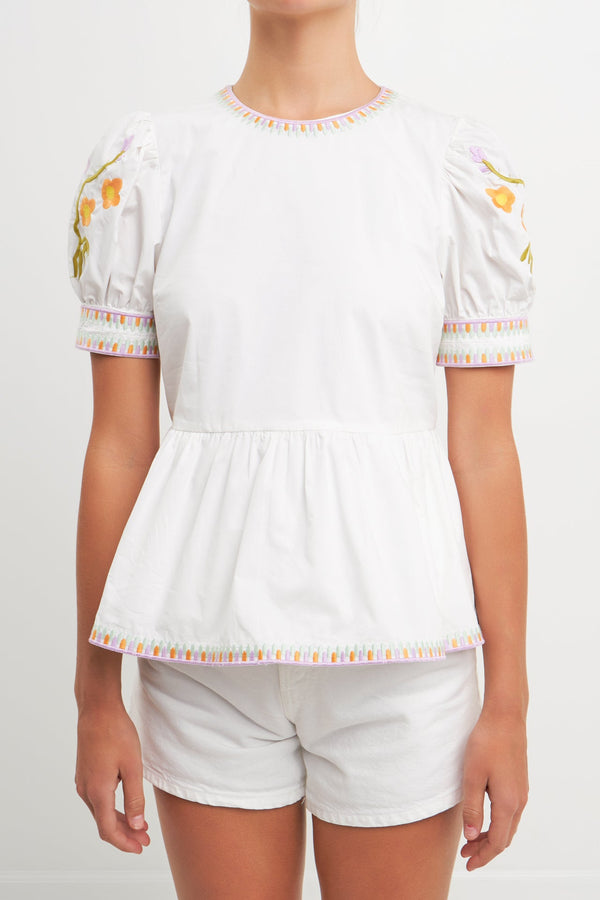English Factory Embroided Peplum Top IVORY/MULTI