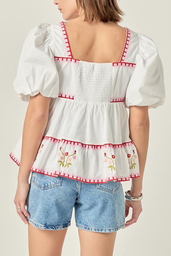 English Factory Embroidered Blouson Top IVORY/RED