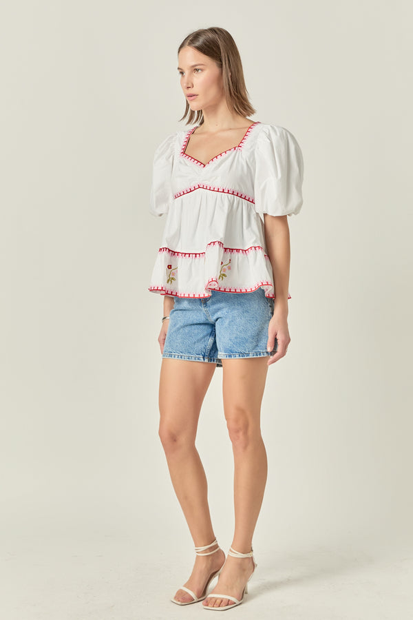 English Factory Embroidered Blouson Top IVORY/RED