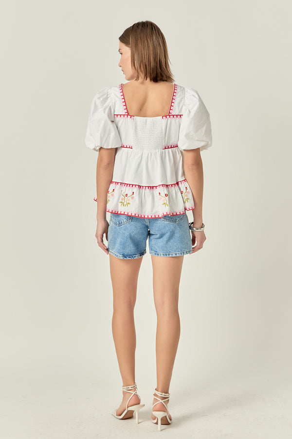 English Factory Embroidered Blouson Top IVORY/RED