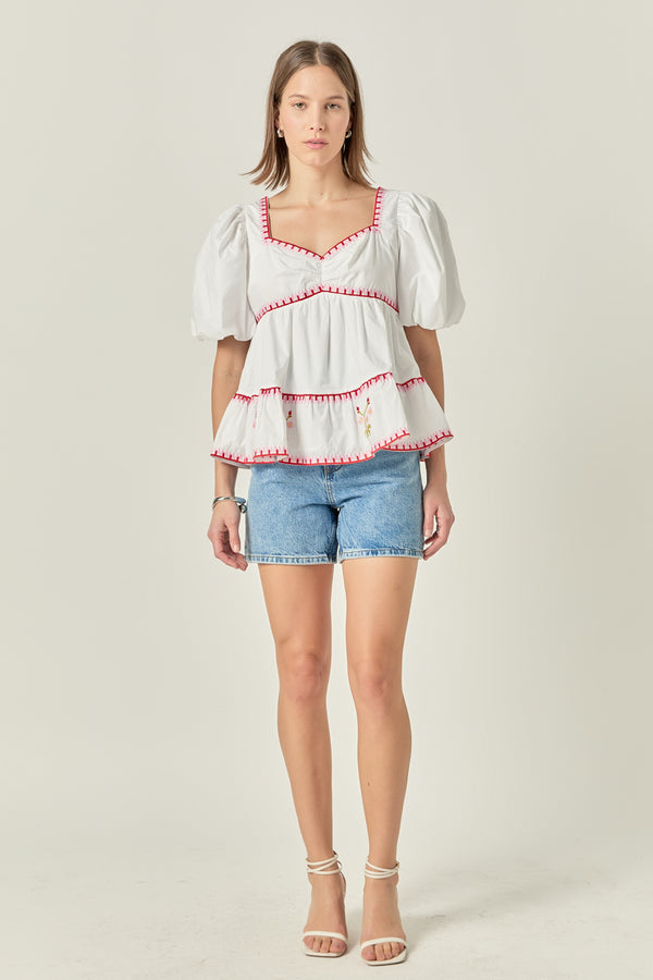 english factory Embroidered Blouson Top IVORY/RED