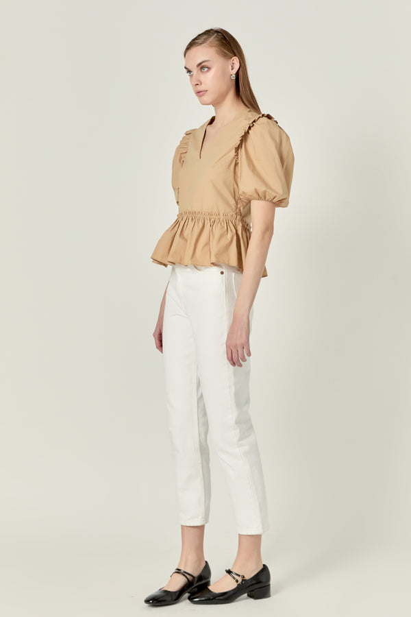 English Factory Eyelet Mixed Media Knit Top TAN