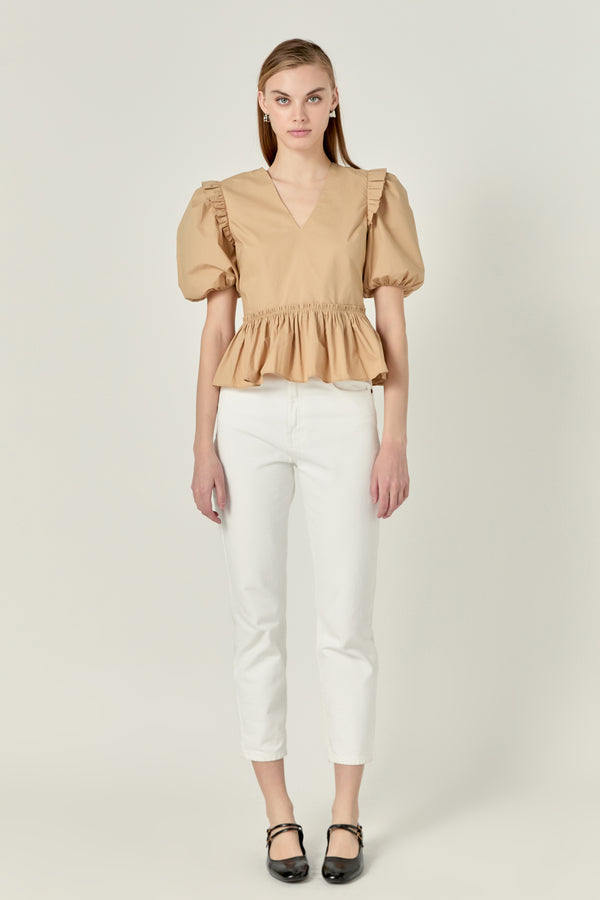 english factory Eyelet Mixed Media Knit Top TAN