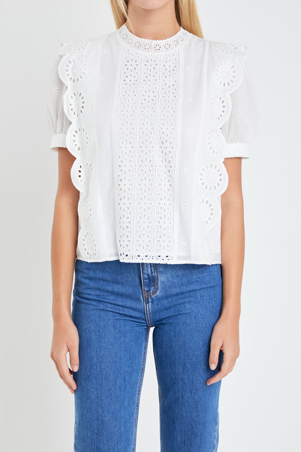 English Factory Eyelet Short Sleeve Top WHITE