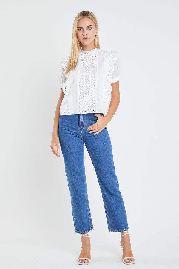 english factory Eyelet Short Sleeve Top WHITE