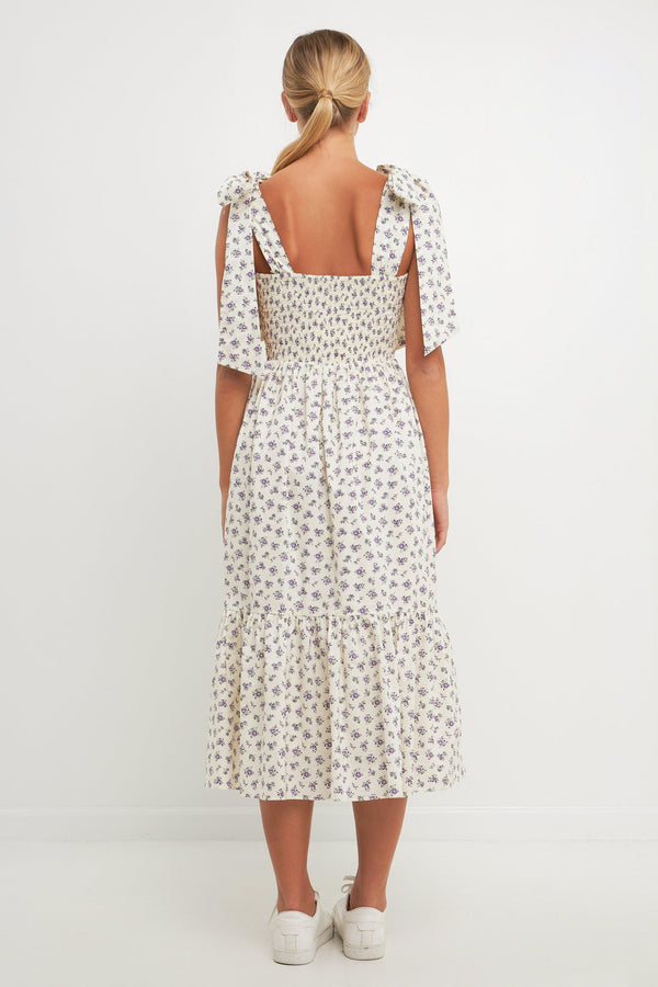 English Factory Floral Bow Tie Midi Dress CREAM