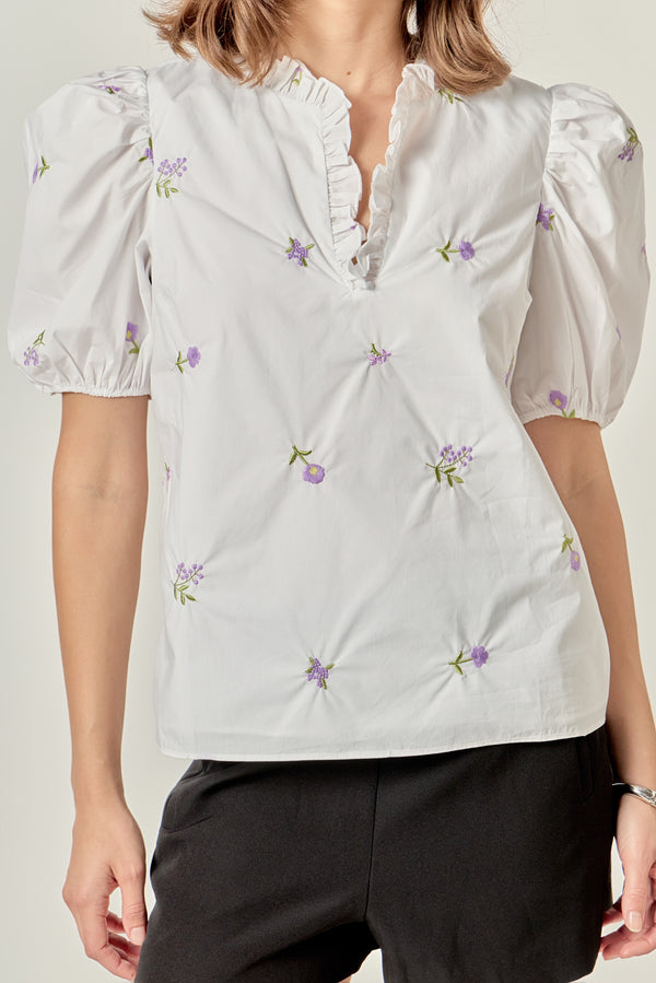 English Factory Floral Embroidery V-neck Top WHITE