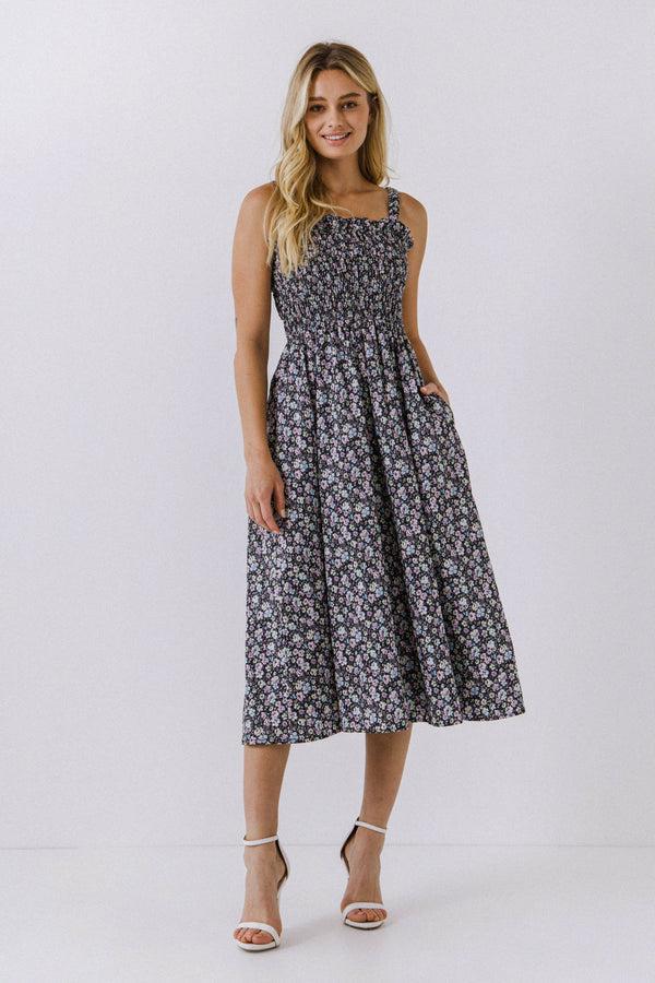 english factory Floral Midi Dress BLACK MULTI