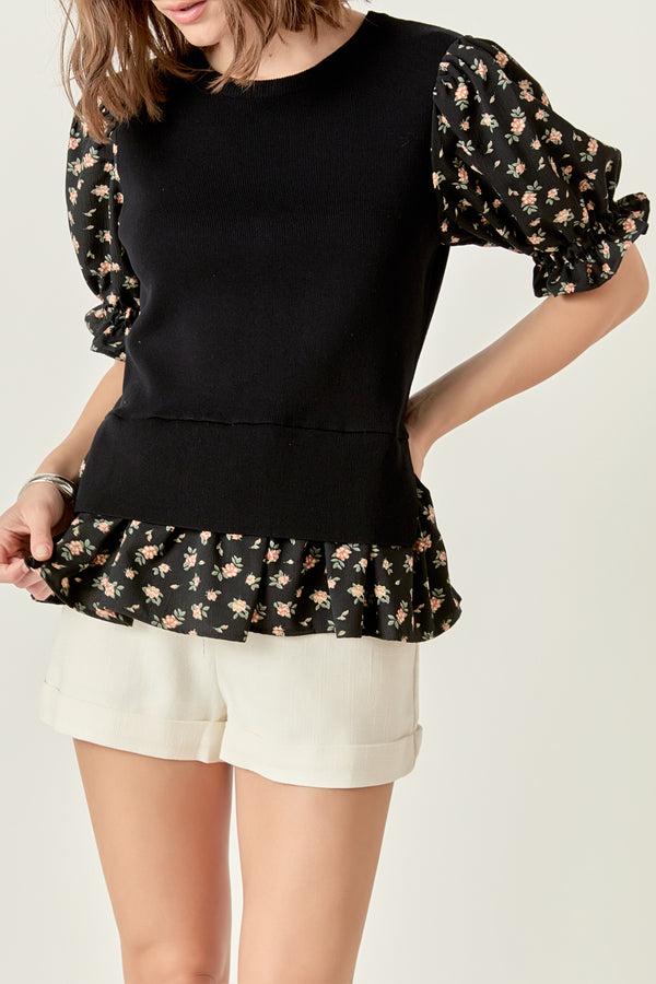 English Factory Floral Mixed Knit Top BLACK MULTI