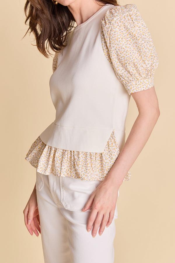 English Factory Floral Mixed Media Top IVORY