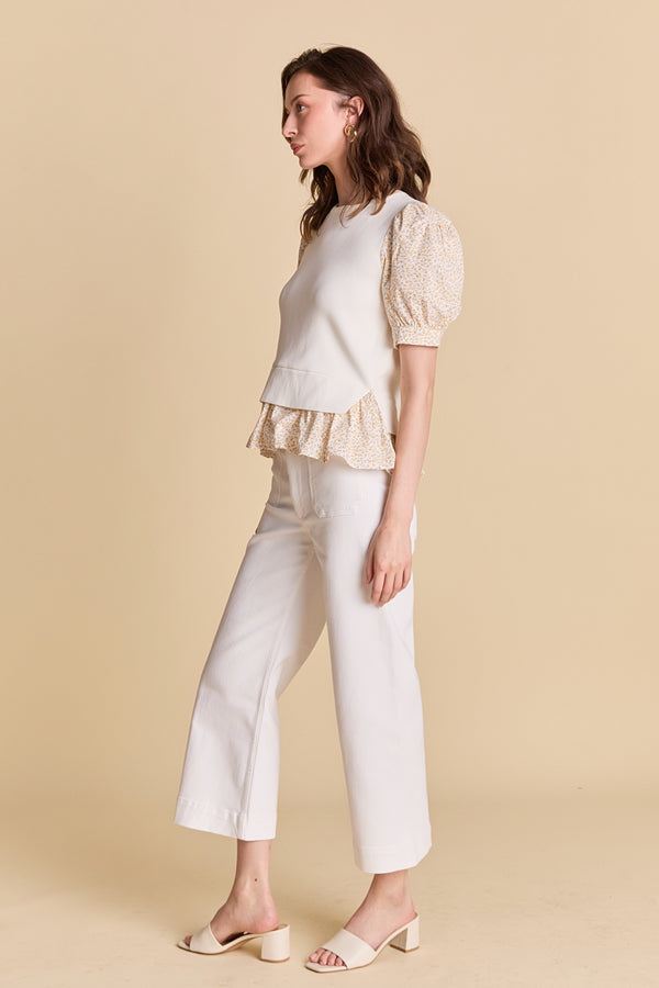 English Factory Floral Mixed Media Top IVORY