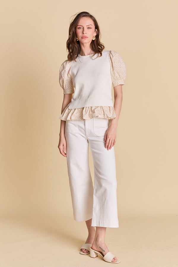 english factory Floral Mixed Media Top IVORY