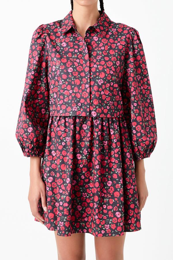 English Factory Floral Shirt Mini Dress BLACK/RED