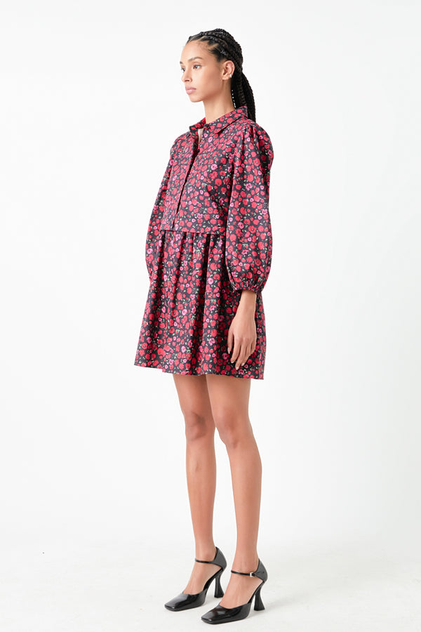 English Factory Floral Shirt Mini Dress BLACK/RED