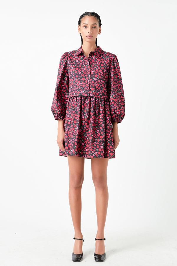 english factory Floral Shirt Mini Dress BLACK/RED