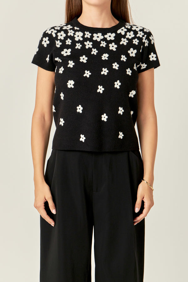 English Factory Flower Knit Top BLACK/WHITE