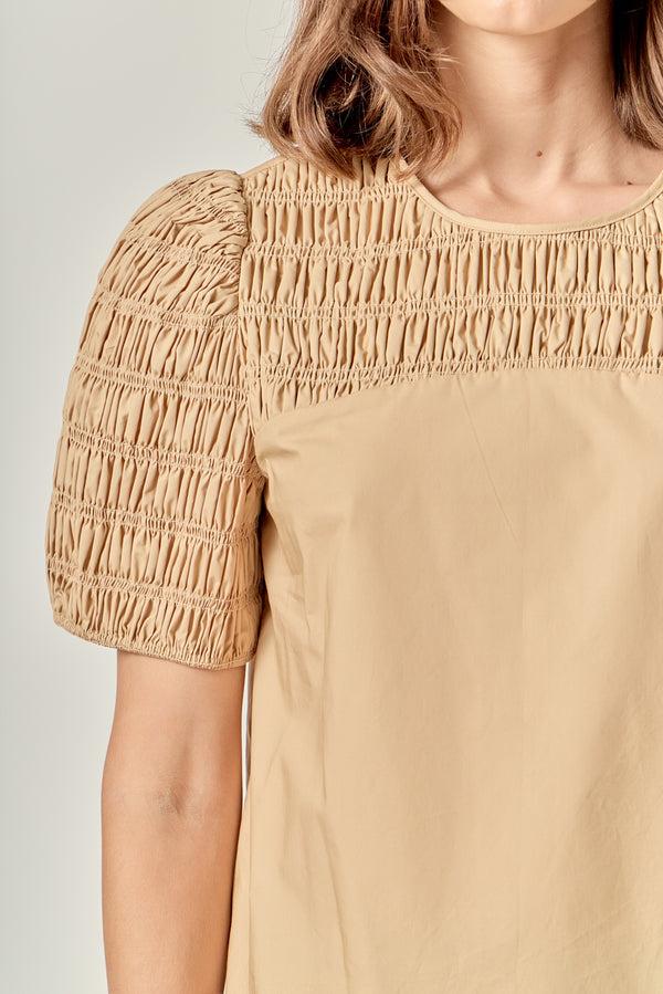 English Factory Front Cut-out Smocked Top TAN