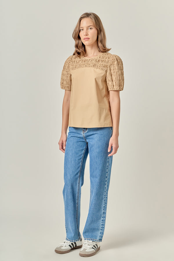 English Factory Front Cut-out Smocked Top TAN