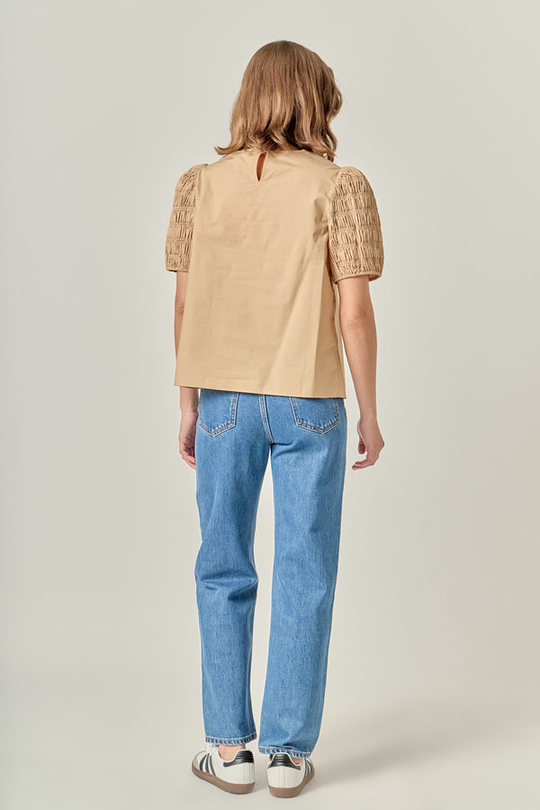 English Factory Front Cut-out Smocked Top TAN