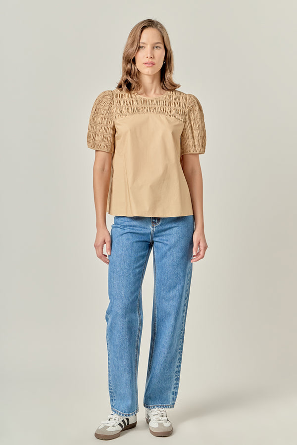 english factory Front Cut-out Smocked Top TAN