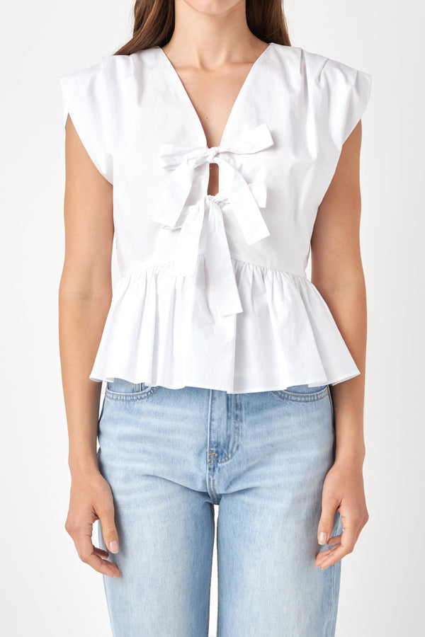 English Factory Front Double Bow Tie Top WHITE