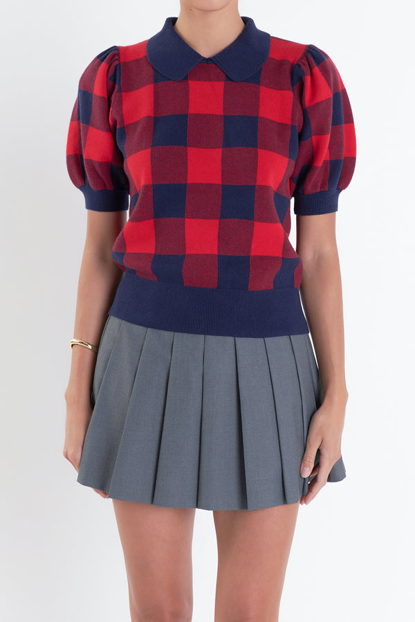 English Factory Gingham Collar Knit Top NAVY/RED