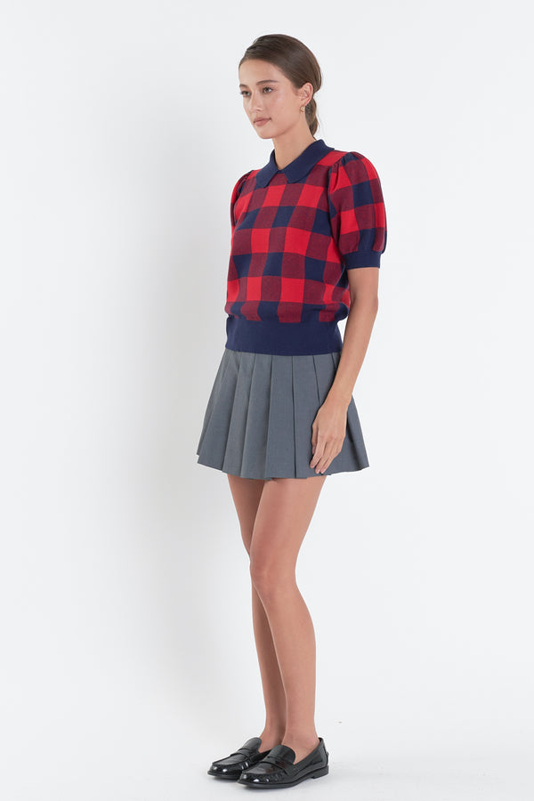English Factory Gingham Collar Knit Top NAVY/RED