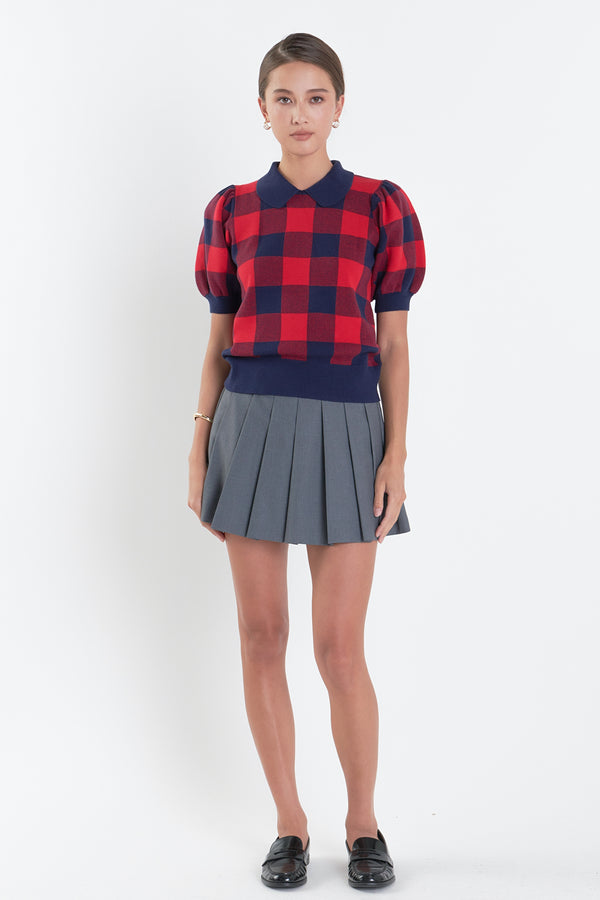 english factory Gingham Collar Knit Top NAVY/RED