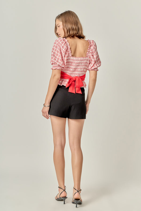 English Factory Gingham Contrast Bow Top RED