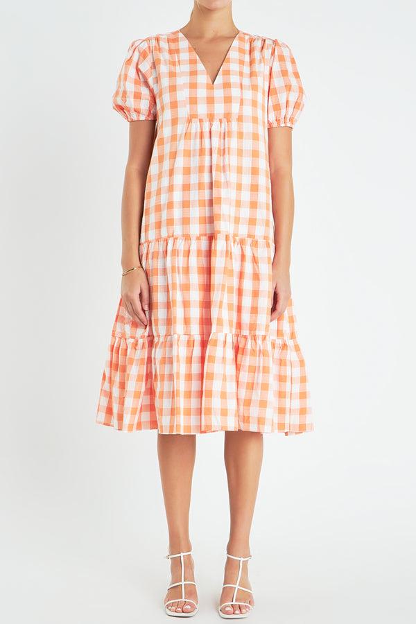 English Factory Gingham Midi Dress ORANGE