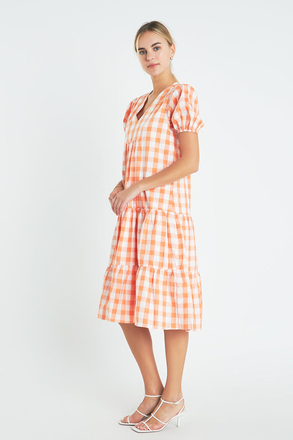 English Factory Gingham Midi Dress ORANGE