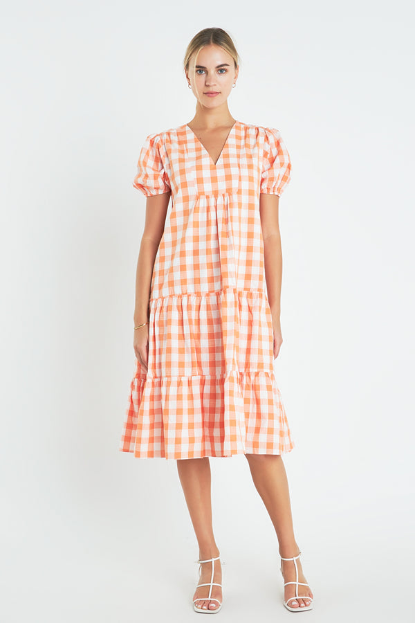 english factory Gingham Midi Dress ORANGE