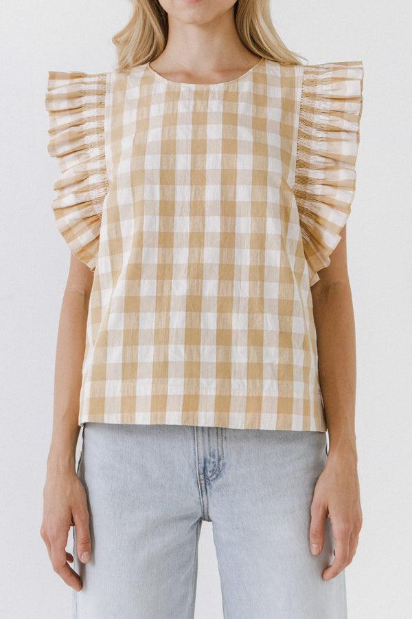 English Factory Gingham Ruffled Top BEIGE