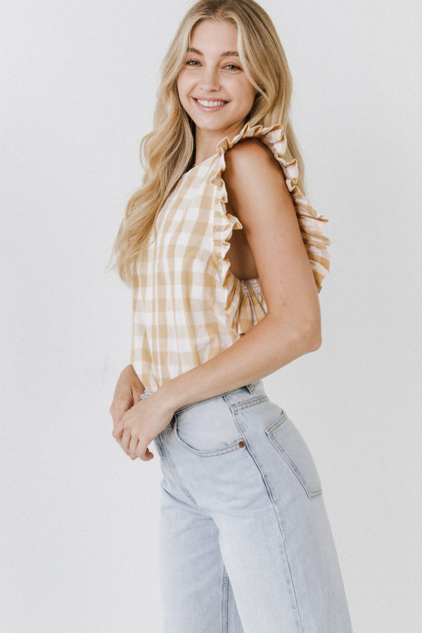 English Factory Gingham Ruffled Top BEIGE