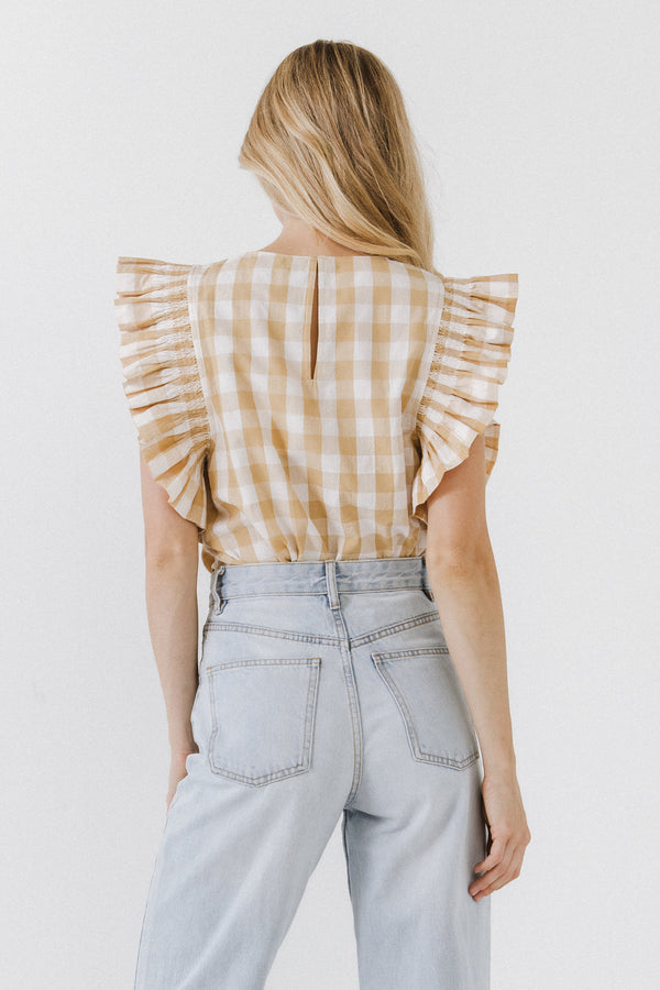 English Factory Gingham Ruffled Top BEIGE