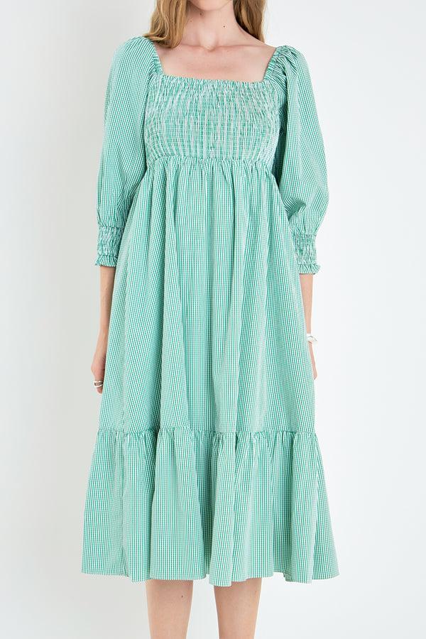 English Factory Gingham Smocked Midi Dress GREEN