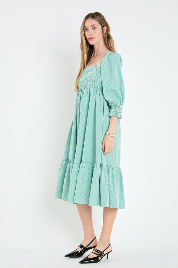 English Factory Gingham Smocked Midi Dress GREEN