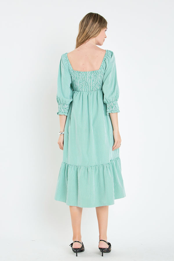 English Factory Gingham Smocked Midi Dress GREEN