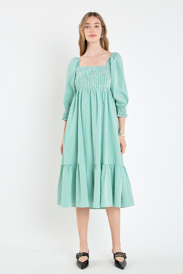 english factory Gingham Smocked Midi Dress GREEN