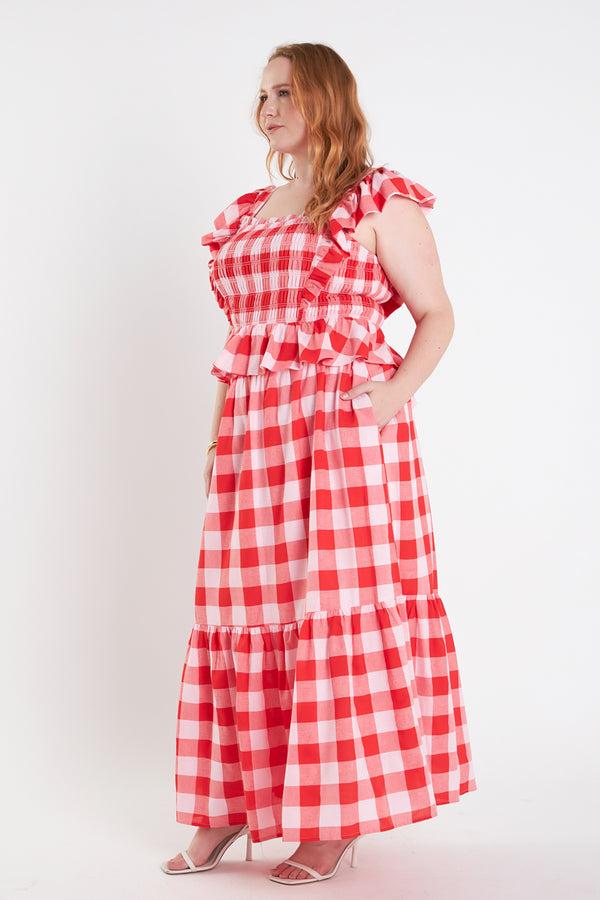 English Factory Gingham Smocked Top PINK/RED